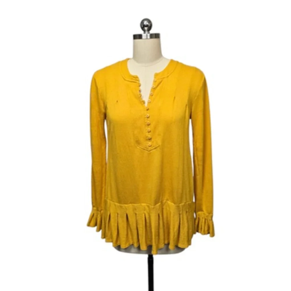 Free People Shirt Womens Medium Yellow Tunic Henley Ruffle‎ Hem Long Sleeve Boho
